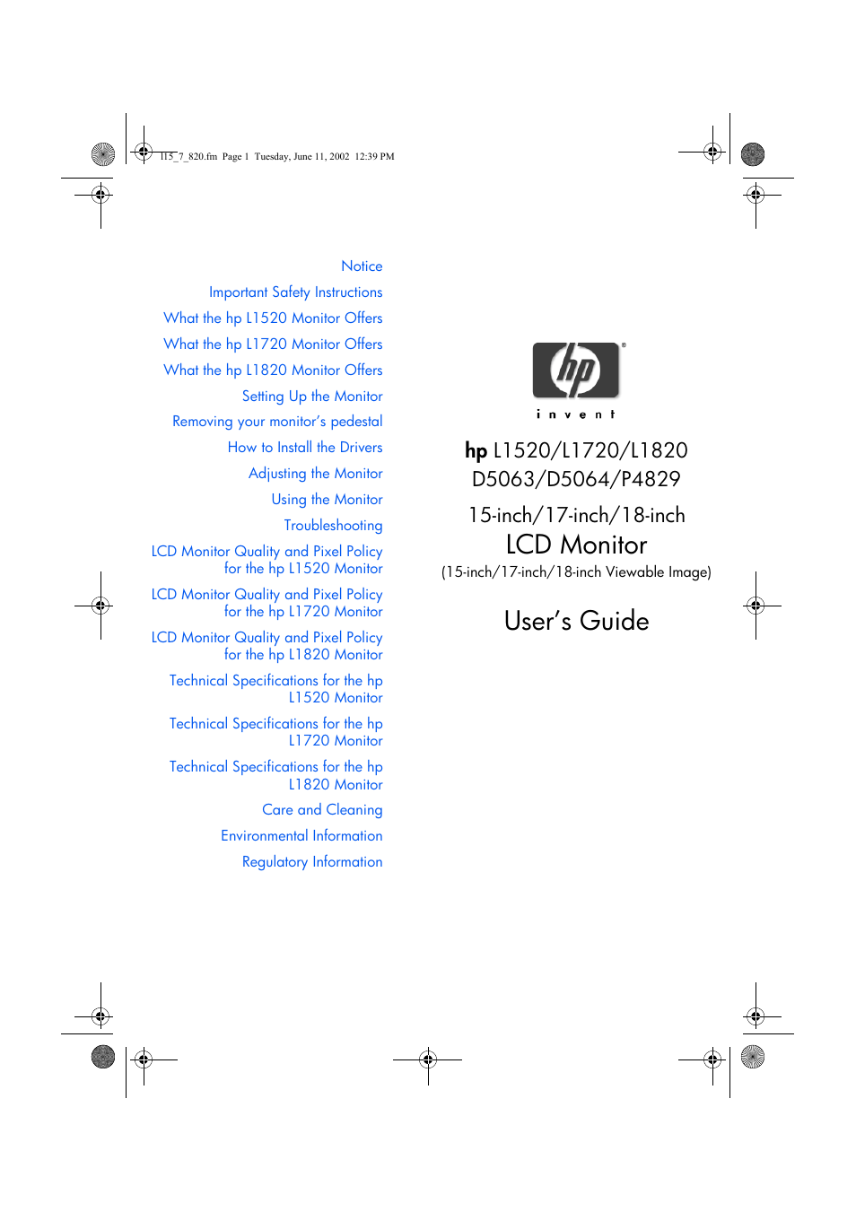 Lcd monitor, User’s guide | HP L1820 18 inch LCD Monitor User Manual | Page 2 / 57