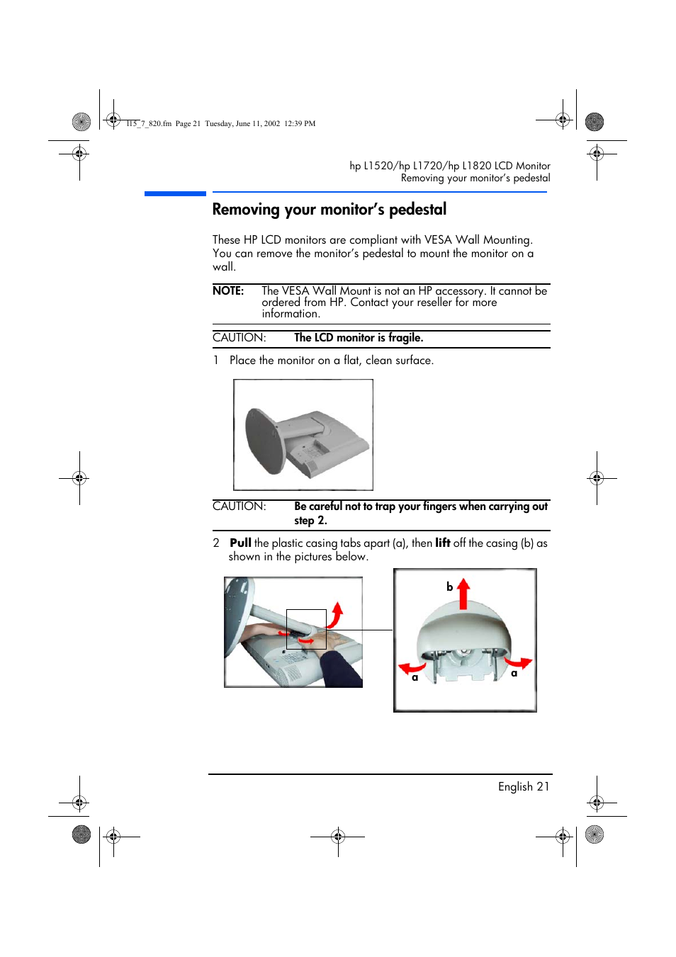 Removing your monitor’s pedestal | HP L1820 18 inch LCD Monitor User Manual | Page 22 / 57
