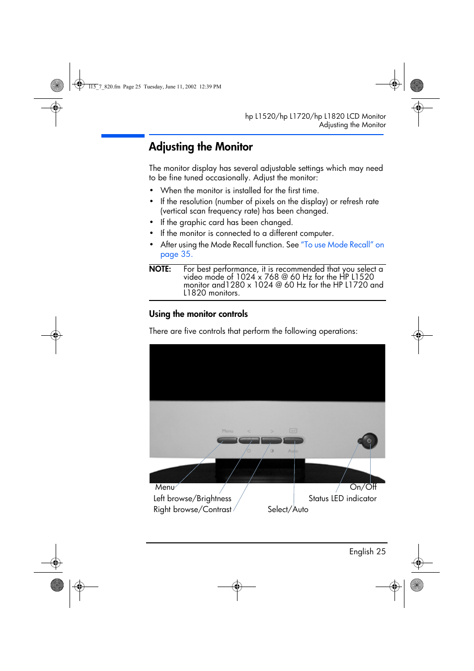 Adjusting the monitor, Using the monitor controls | HP L1820 18 inch LCD Monitor User Manual | Page 26 / 57