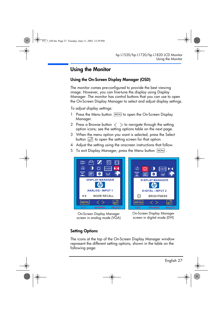 Using the monitor, Using the on-screen display manager (osd), Setting options | HP L1820 18 inch LCD Monitor User Manual | Page 28 / 57