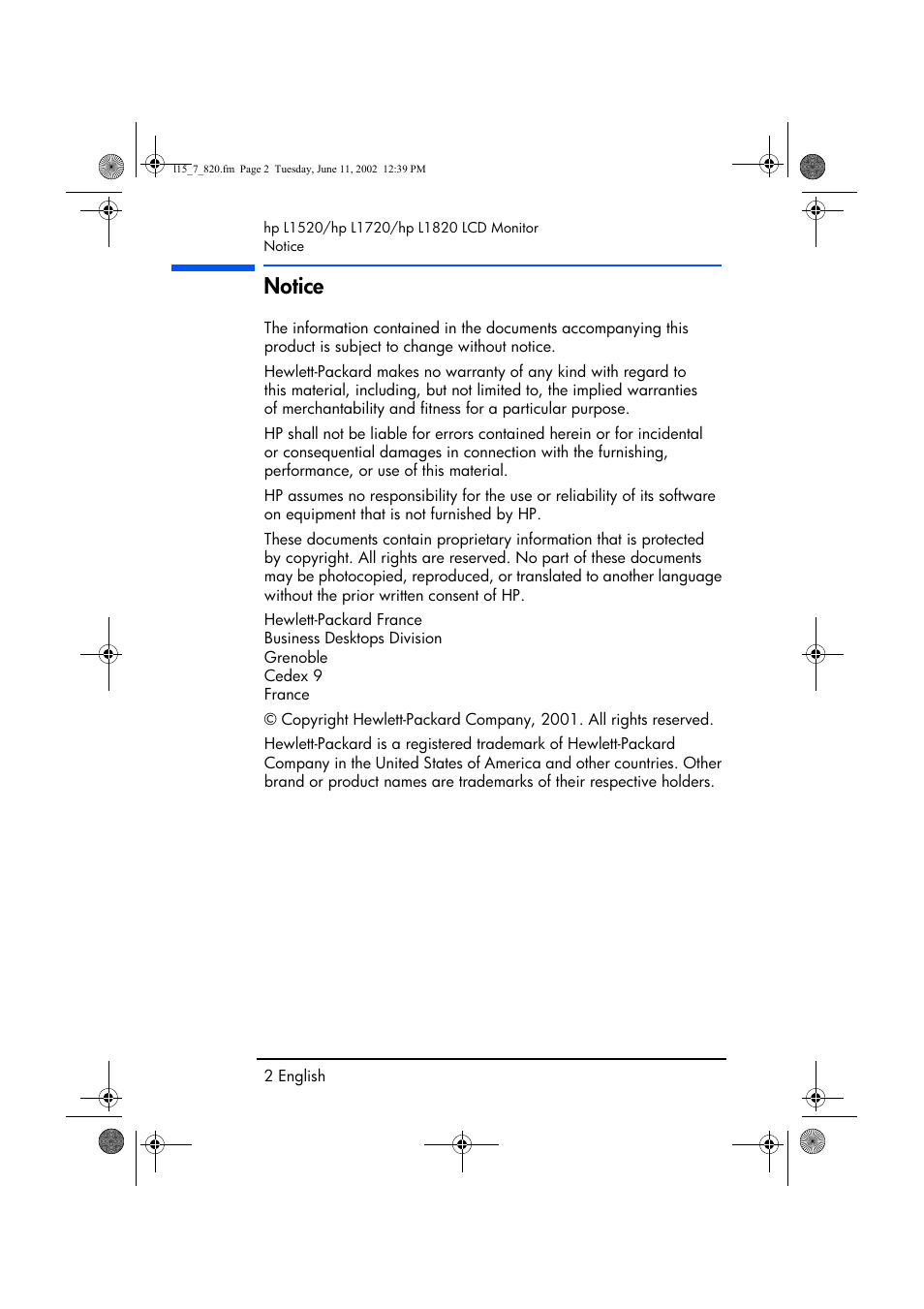 Notice | HP L1820 18 inch LCD Monitor User Manual | Page 3 / 57