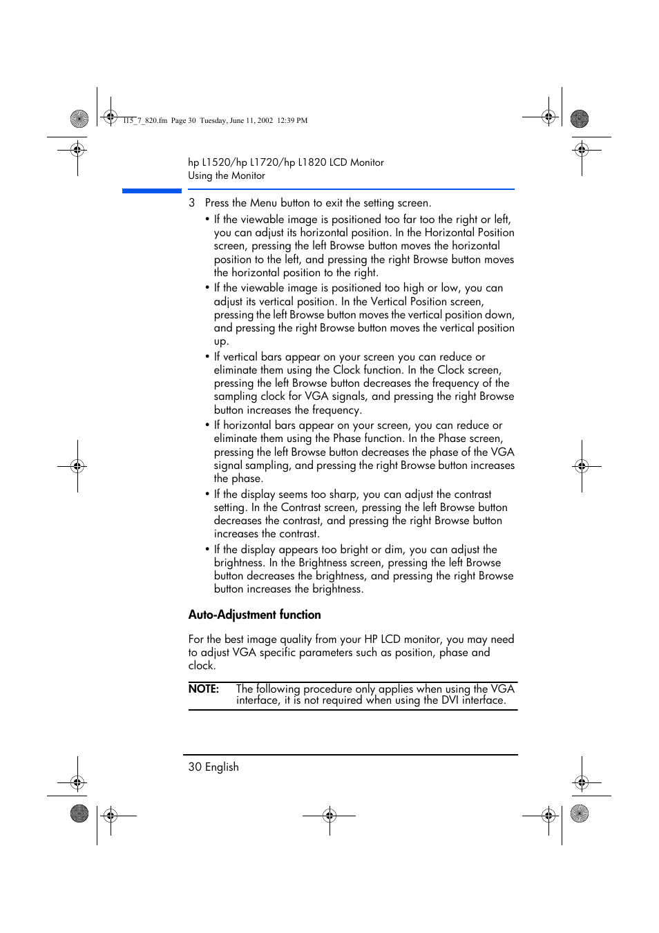 Auto-adjustment function | HP L1820 18 inch LCD Monitor User Manual | Page 31 / 57