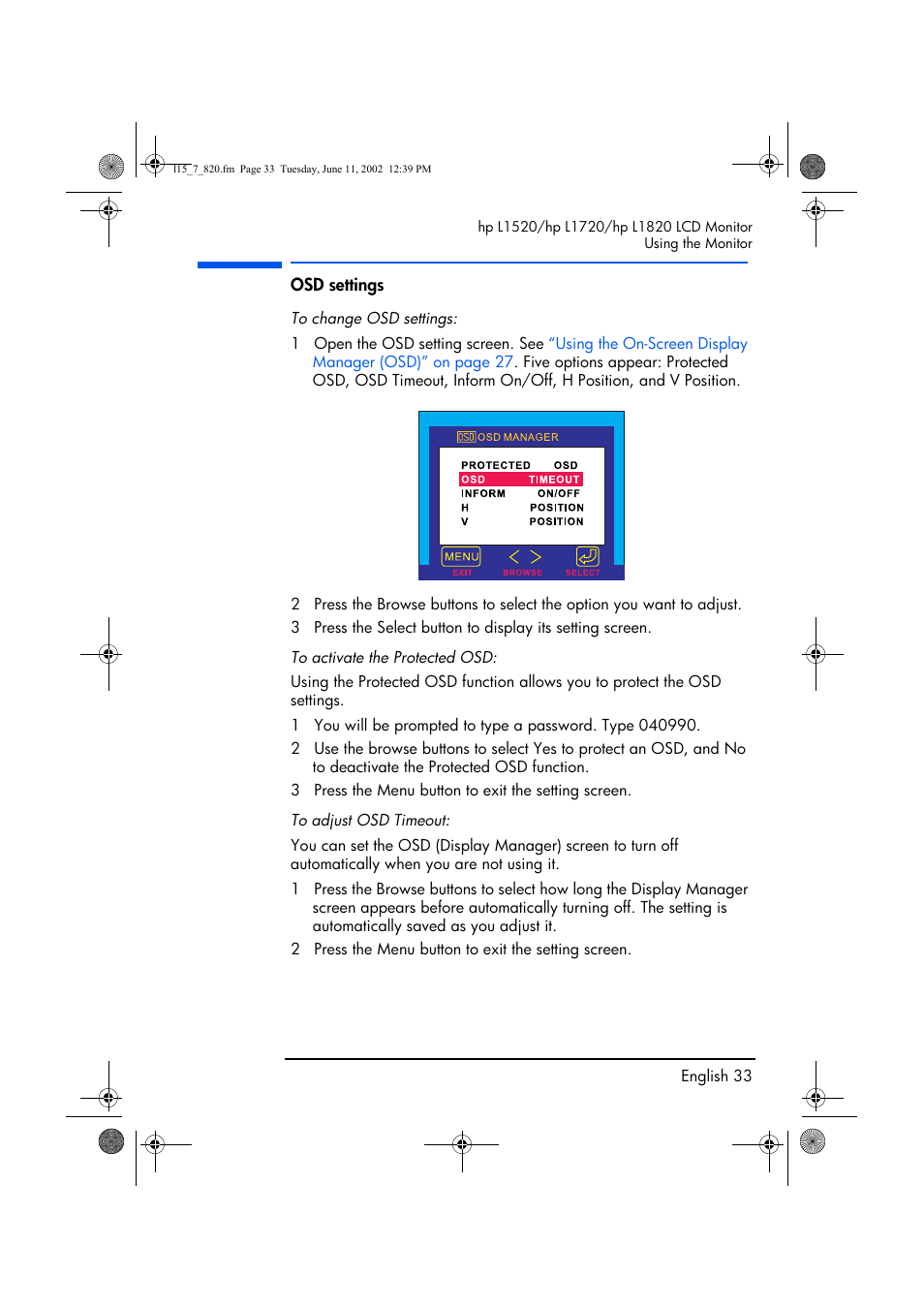 Osd settings | HP L1820 18 inch LCD Monitor User Manual | Page 34 / 57
