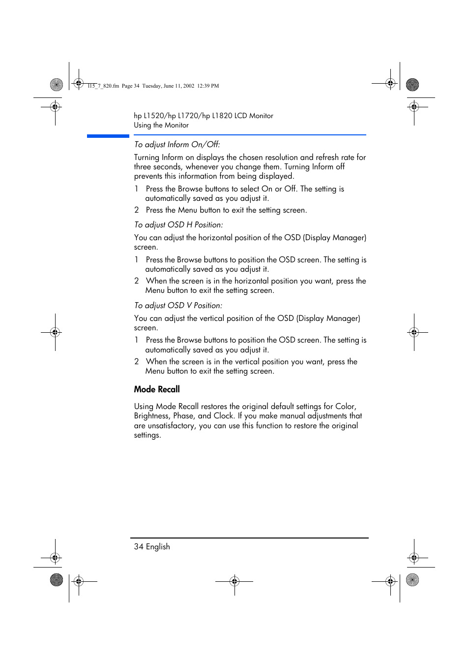 Mode recall | HP L1820 18 inch LCD Monitor User Manual | Page 35 / 57