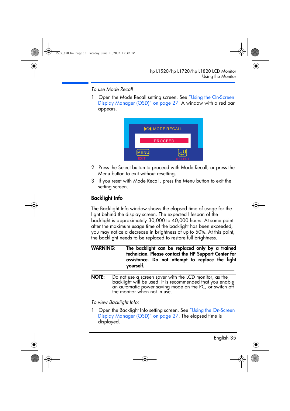 Backlight info | HP L1820 18 inch LCD Monitor User Manual | Page 36 / 57
