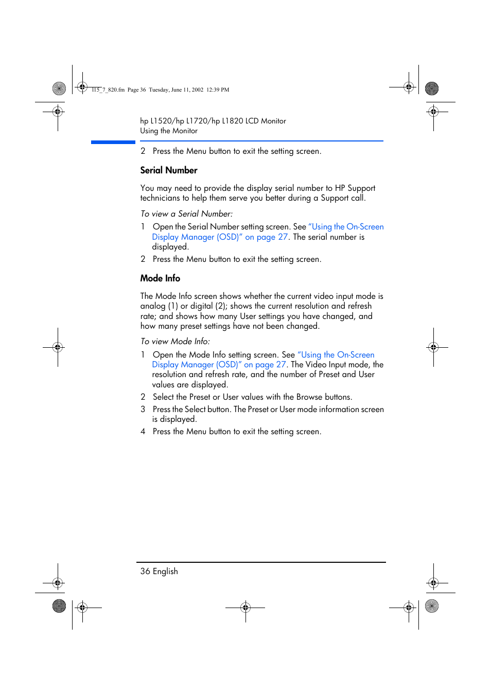 Serial number, Mode info | HP L1820 18 inch LCD Monitor User Manual | Page 37 / 57