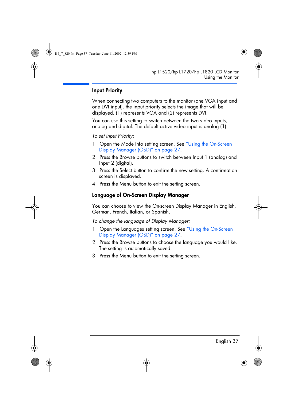 Input priority, Language of on-screen display manager | HP L1820 18 inch LCD Monitor User Manual | Page 38 / 57