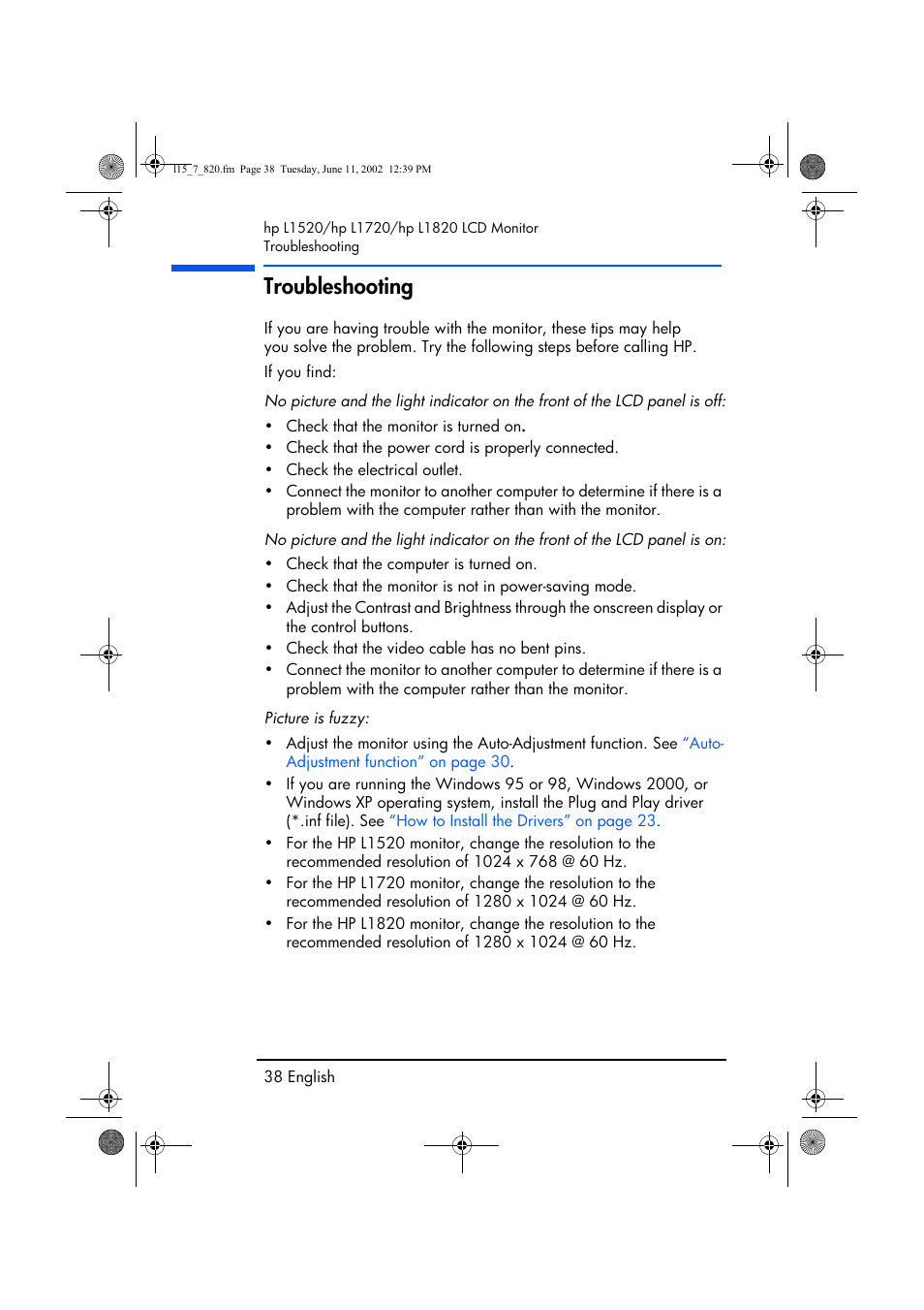 Troubleshooting | HP L1820 18 inch LCD Monitor User Manual | Page 39 / 57