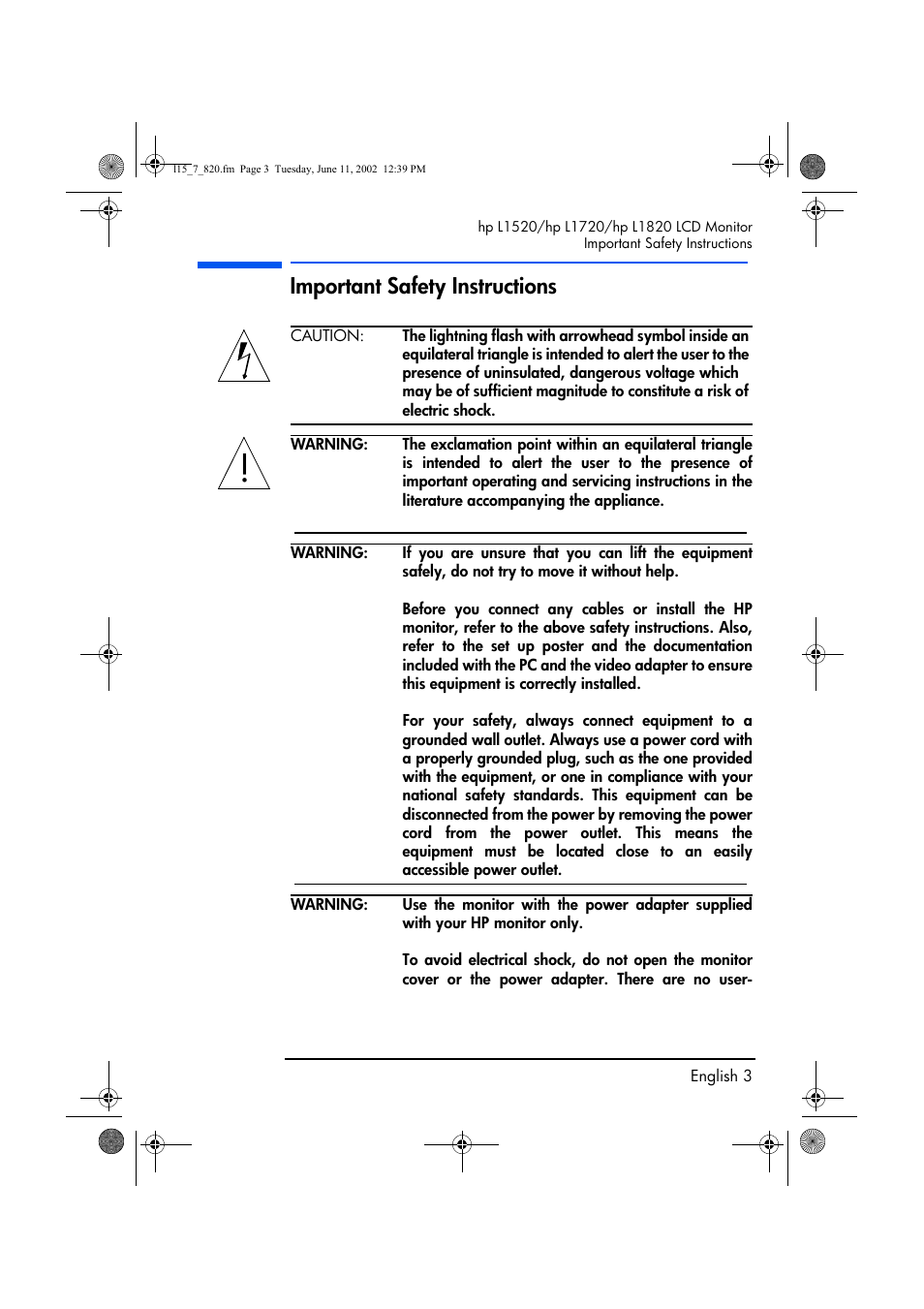Important safety instructions | HP L1820 18 inch LCD Monitor User Manual | Page 4 / 57