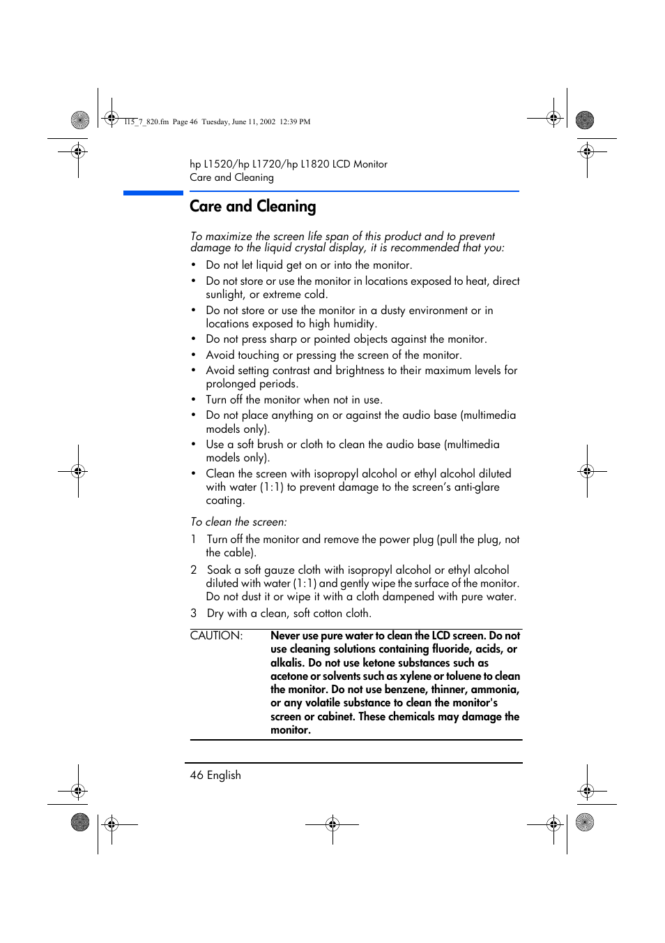 Care and cleaning | HP L1820 18 inch LCD Monitor User Manual | Page 47 / 57