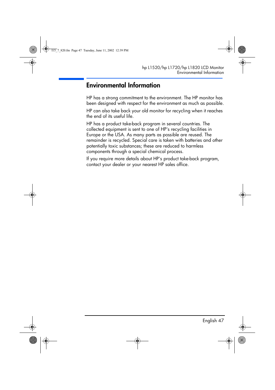 Environmental information | HP L1820 18 inch LCD Monitor User Manual | Page 48 / 57