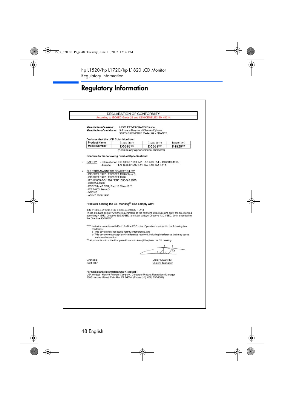 Regulatory information | HP L1820 18 inch LCD Monitor User Manual | Page 49 / 57