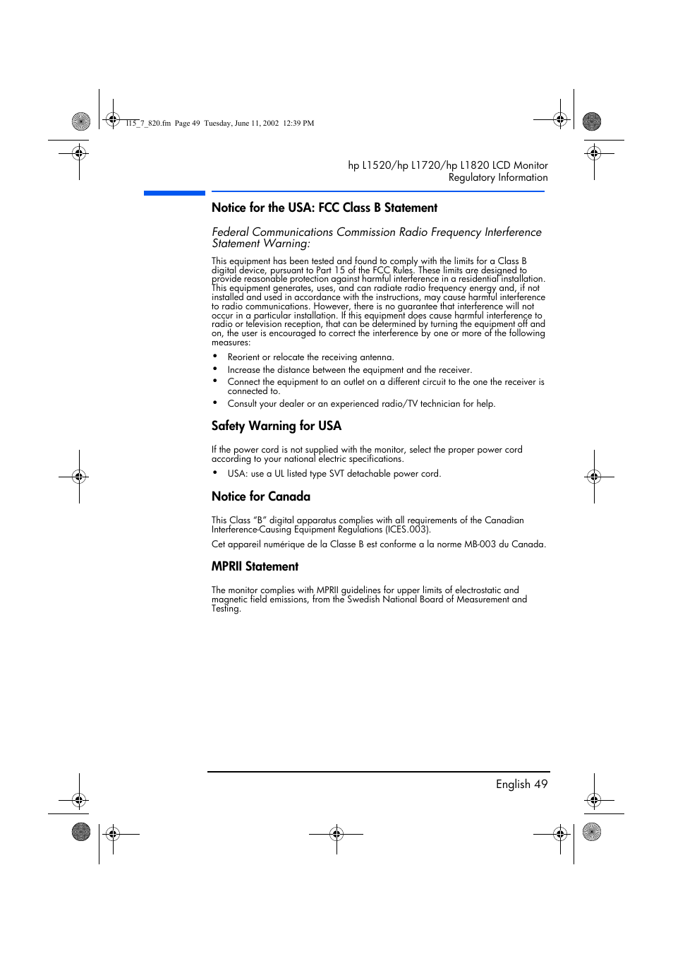 Notice for the usa: fcc class b statement, Safety warning for usa, Notice for canada | Mprii statement | HP L1820 18 inch LCD Monitor User Manual | Page 50 / 57