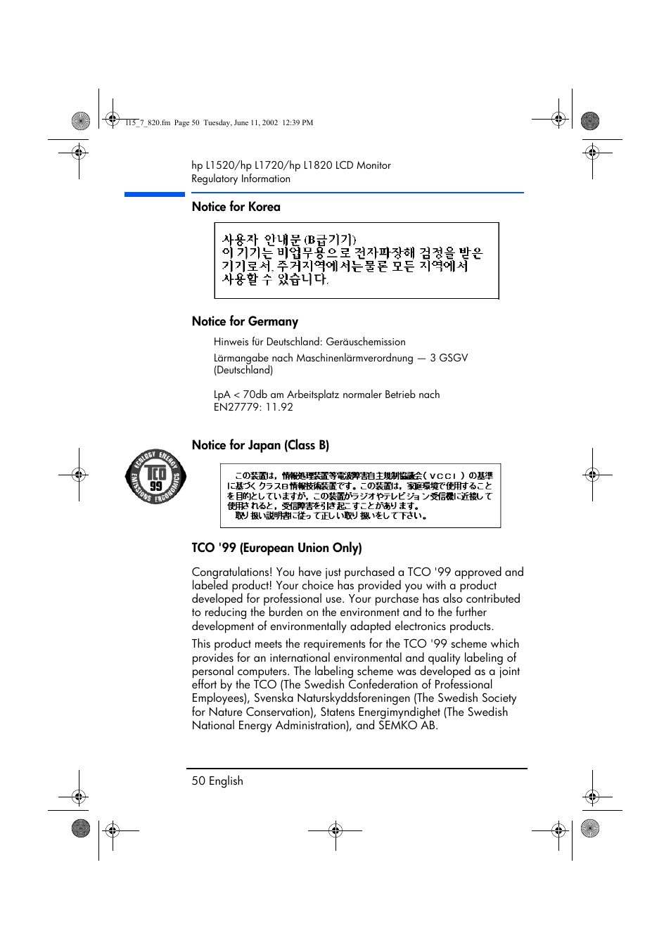 Notice for korea, Notice for germany, Notice for japan (class b) | Tco '99 (european union only) | HP L1820 18 inch LCD Monitor User Manual | Page 51 / 57