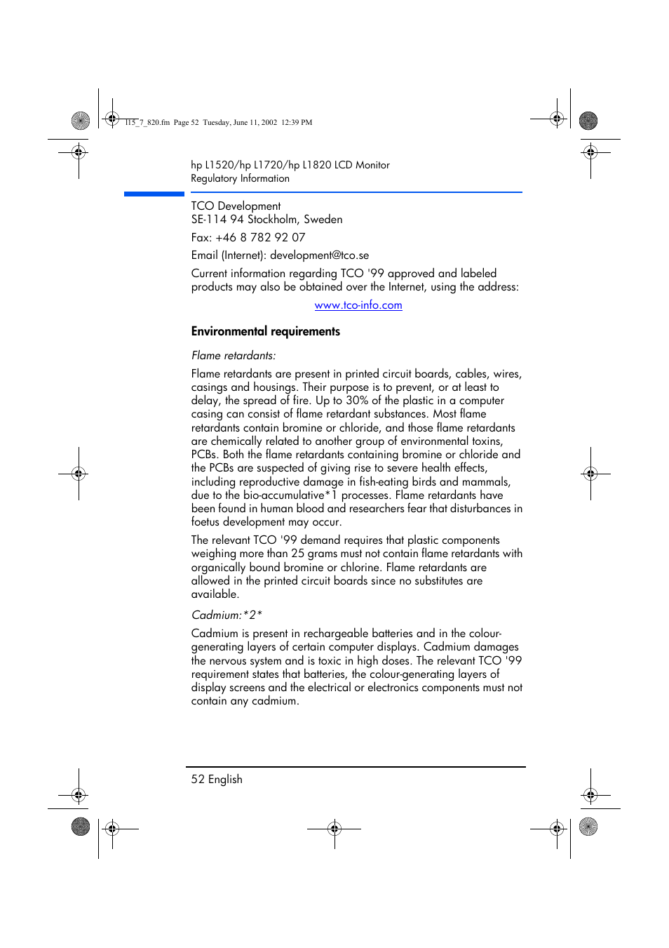 Environmental requirements | HP L1820 18 inch LCD Monitor User Manual | Page 53 / 57