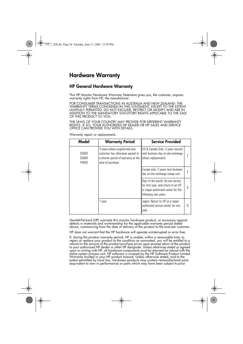 Hardware warranty, Hp general hardware warranty | HP L1820 18 inch LCD Monitor User Manual | Page 55 / 57