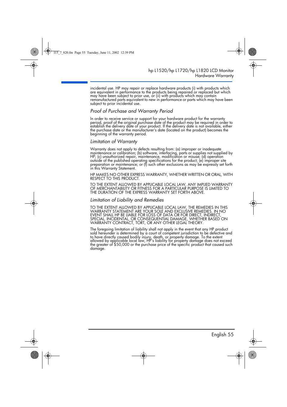 English 55, Proof of purchase and warranty period, Limitation of warranty | Limitation of liability and remedies | HP L1820 18 inch LCD Monitor User Manual | Page 56 / 57