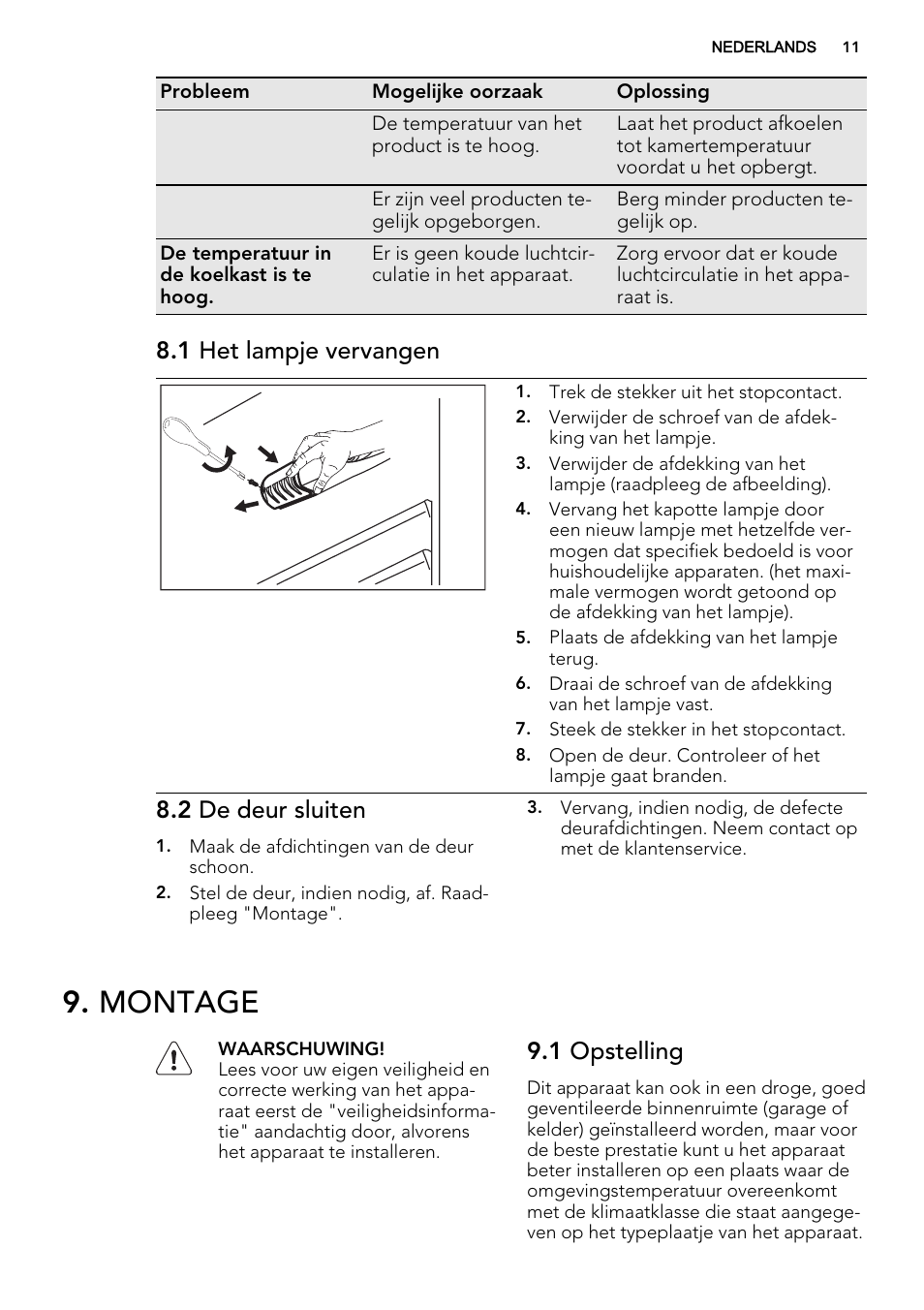 Montage, 1 het lampje vervangen, 2 de deur sluiten | 1 opstelling | AEG S32500KSS1 User Manual | Page 11 / 68