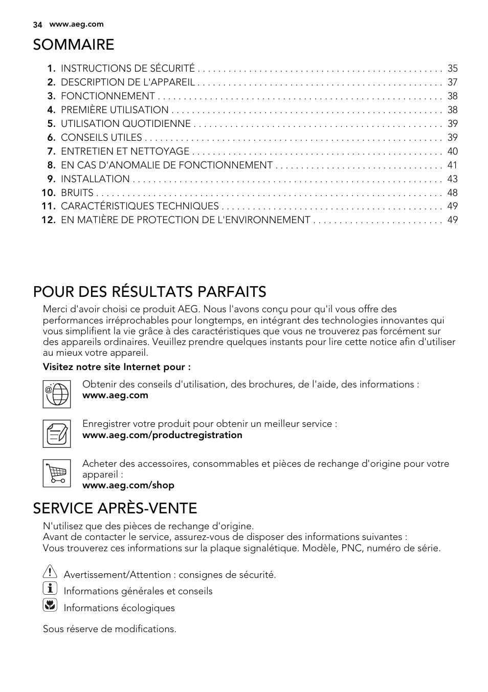 Sommaire, Pour des résultats parfaits, Service après-vente | AEG S32500KSS1 User Manual | Page 34 / 68