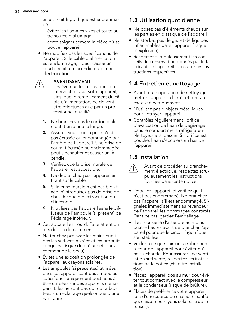 3 utilisation quotidienne, 4 entretien et nettoyage, 5 installation | AEG S32500KSS1 User Manual | Page 36 / 68