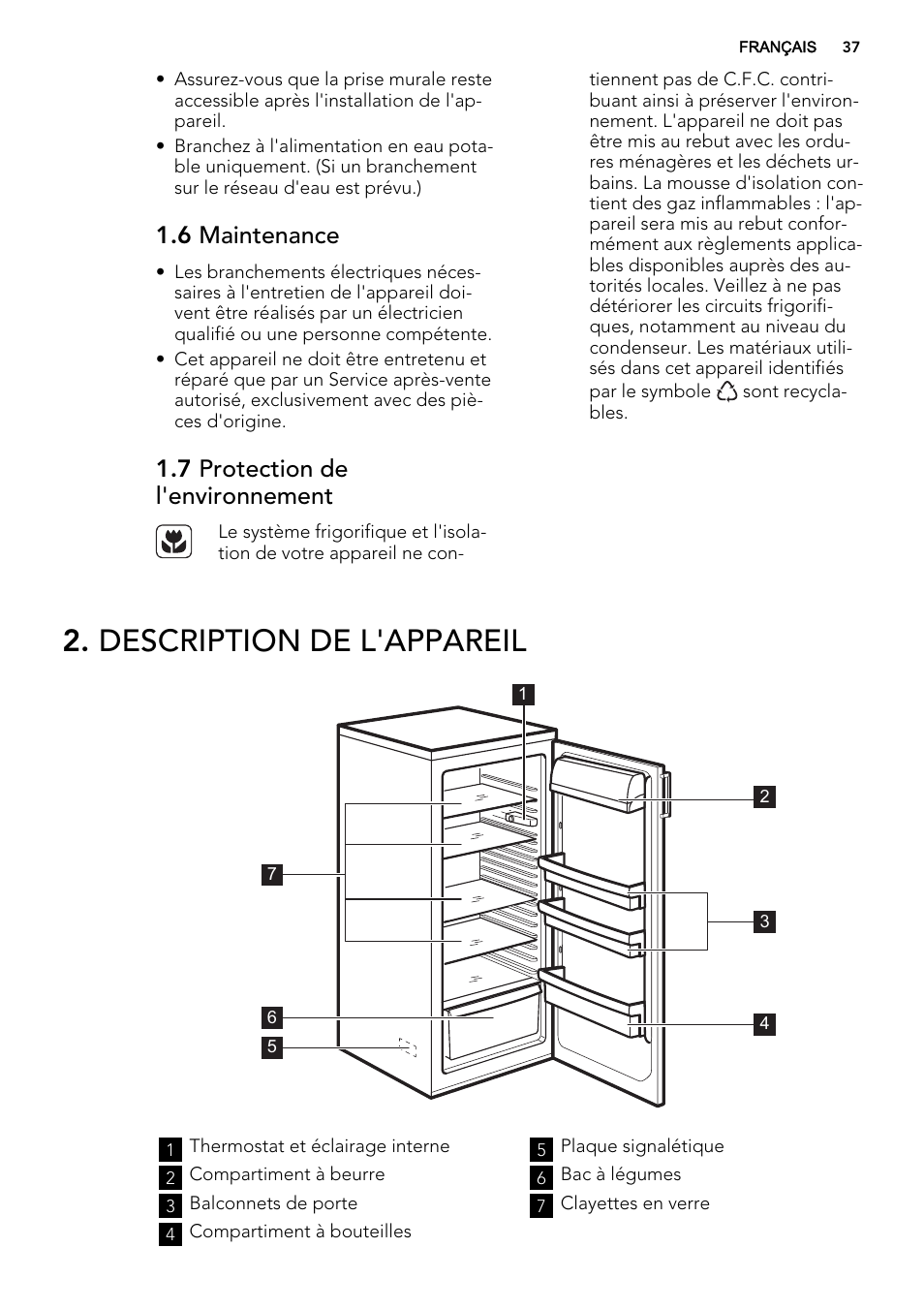 Description de l'appareil, 6 maintenance, 7 protection de l'environnement | AEG S32500KSS1 User Manual | Page 37 / 68