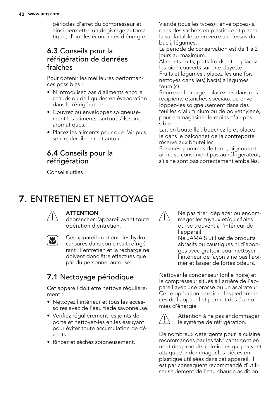 Entretien et nettoyage, 4 conseils pour la réfrigération, 1 nettoyage périodique | AEG S32500KSS1 User Manual | Page 40 / 68