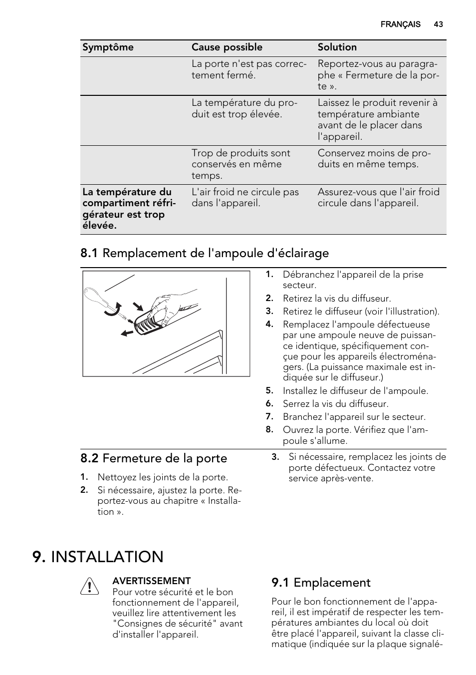 Installation, 1 remplacement de l'ampoule d'éclairage, 2 fermeture de la porte | 1 emplacement | AEG S32500KSS1 User Manual | Page 43 / 68