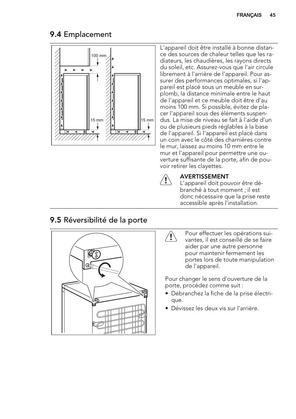 4 emplacement, 5 réversibilité de la porte | AEG S32500KSS1 User Manual | Page 45 / 68