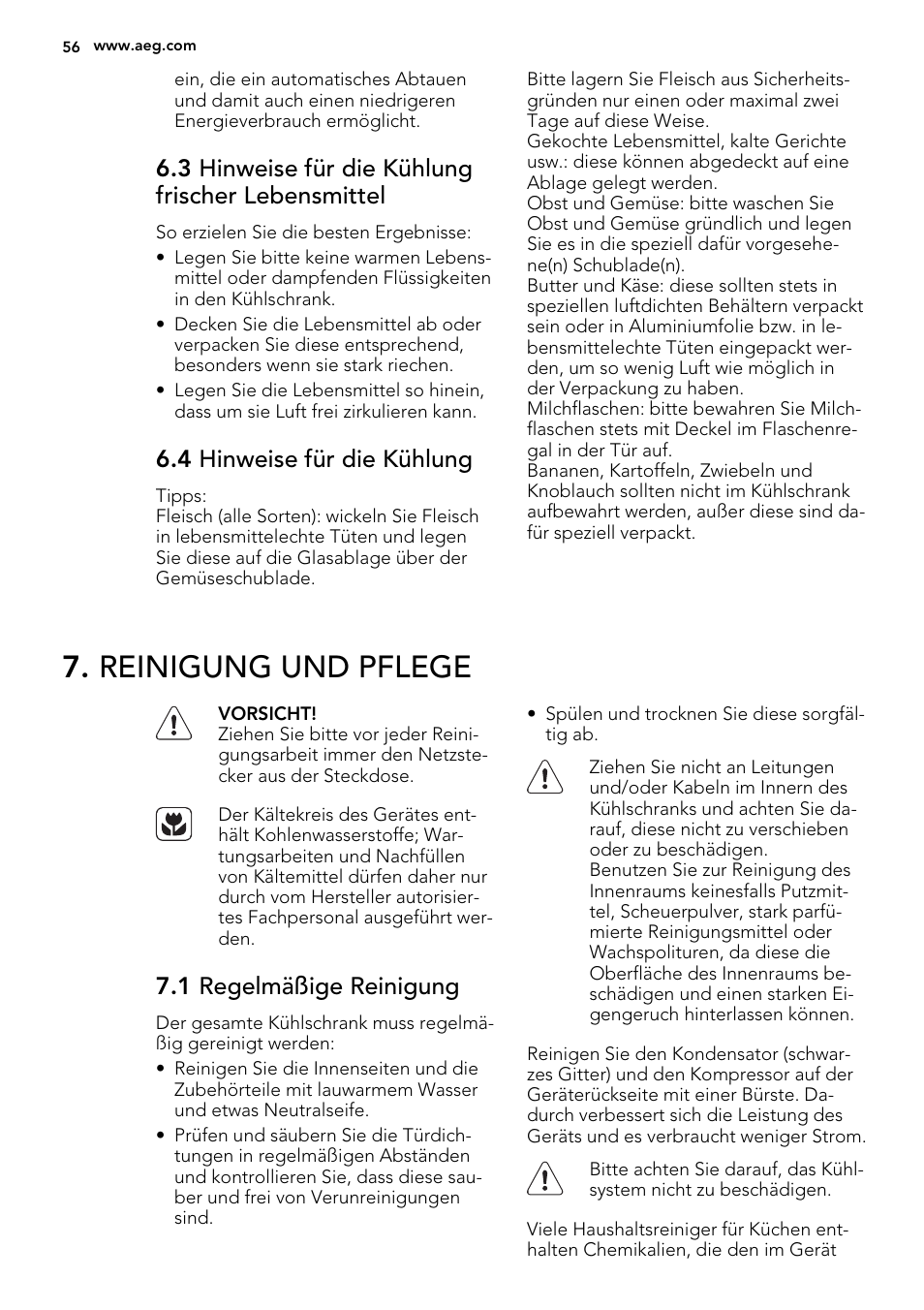 Reinigung und pflege, 3 hinweise für die kühlung frischer lebensmittel, 4 hinweise für die kühlung | 1 regelmäßige reinigung | AEG S32500KSS1 User Manual | Page 56 / 68