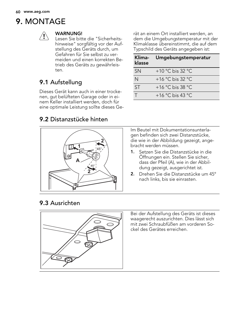 Montage, 1 aufstellung, 2 distanzstücke hinten | 3 ausrichten | AEG S32500KSS1 User Manual | Page 60 / 68