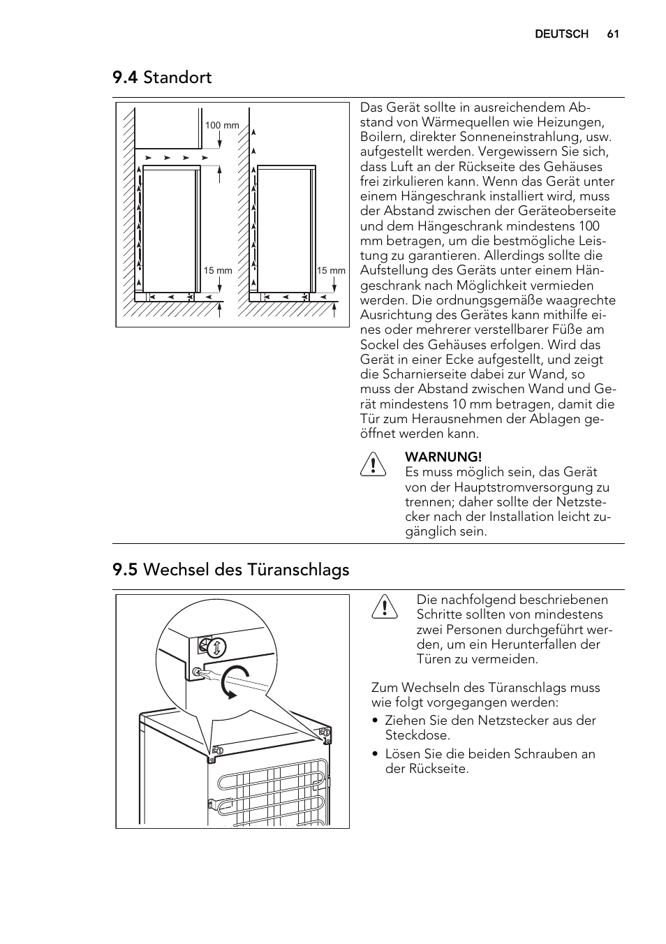 4 standort, 5 wechsel des türanschlags | AEG S32500KSS1 User Manual | Page 61 / 68