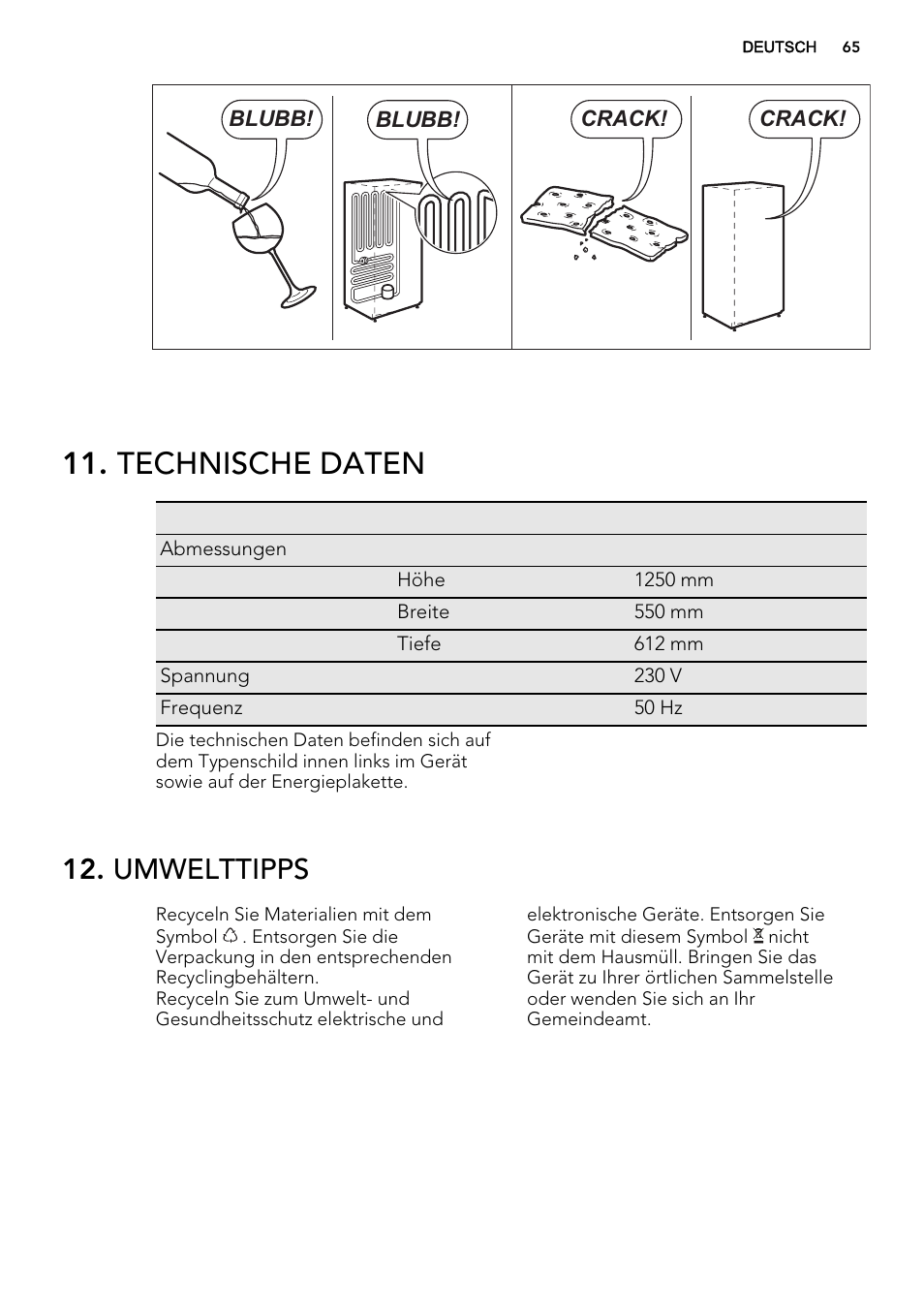 Technische daten, Umwelttipps | AEG S32500KSS1 User Manual | Page 65 / 68