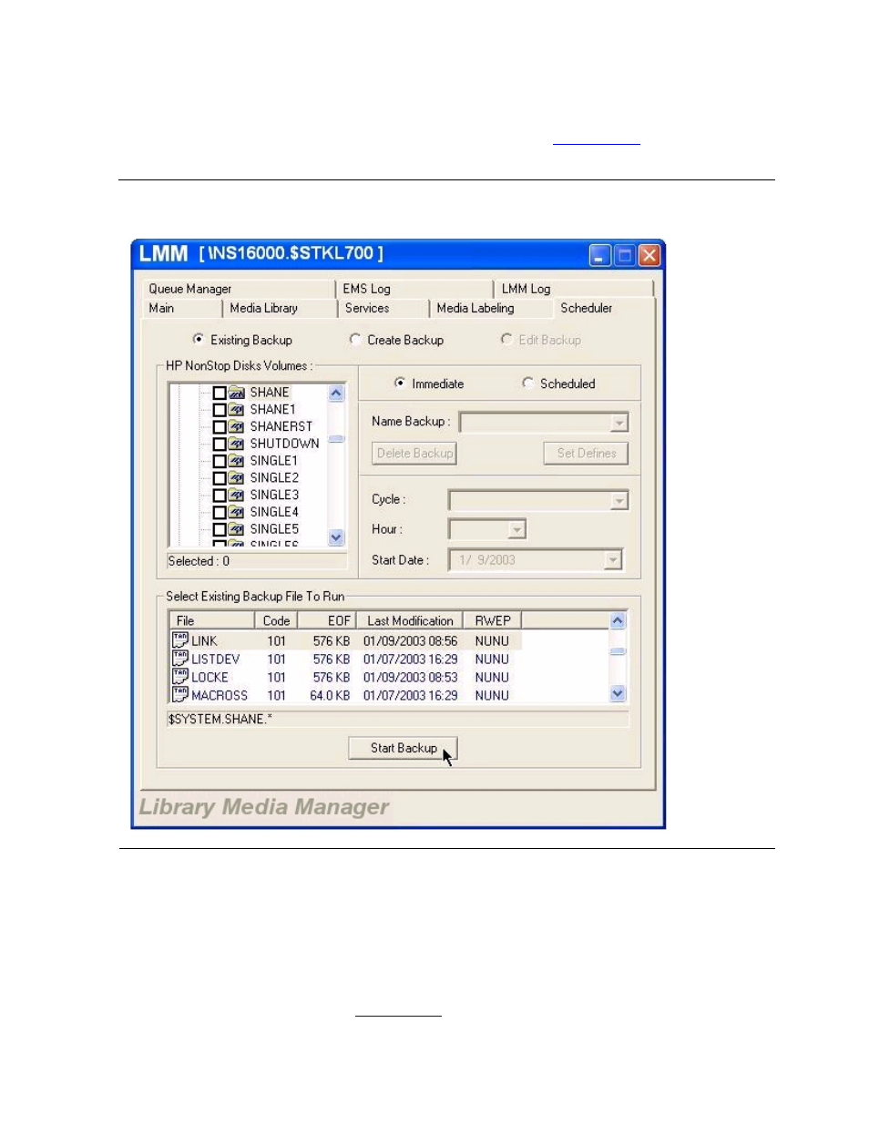 Figure 5-14, Existing immediate backup - file select, Existing immediate backup | HP Integrity NonStop H-Series User Manual | Page 103 / 236