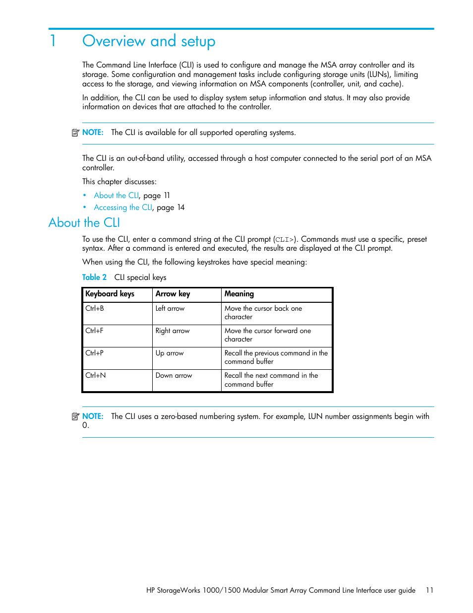 Overview and setup, About the cli, 1 overview and setup | 2 cli special keys, 1overview and setup | HP StorageWorks 1000 Modular Smart Array User Manual | Page 11 / 52