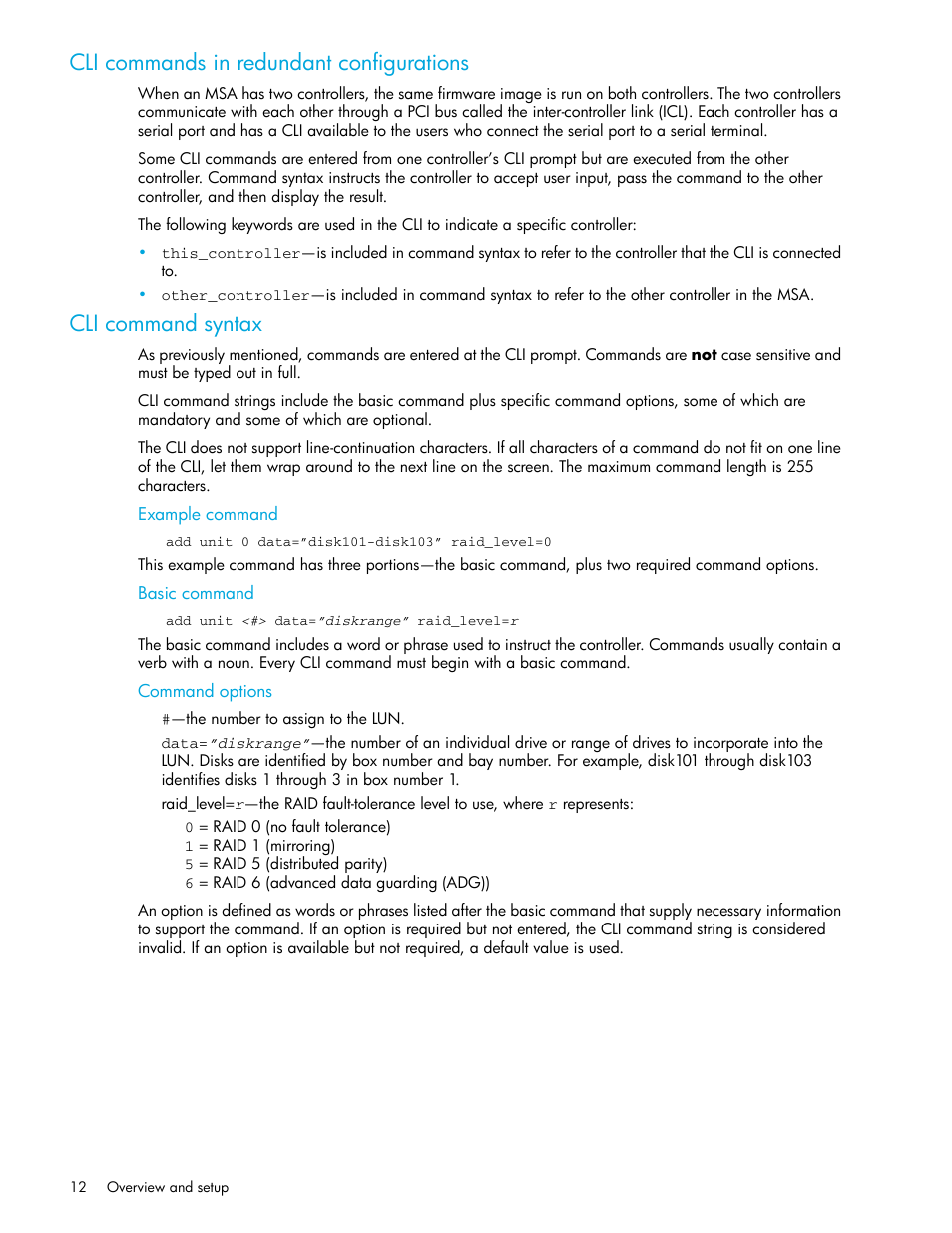 Cli commands in redundant configurations, Cli command syntax, Example command | Basic command, Command options | HP StorageWorks 1000 Modular Smart Array User Manual | Page 12 / 52