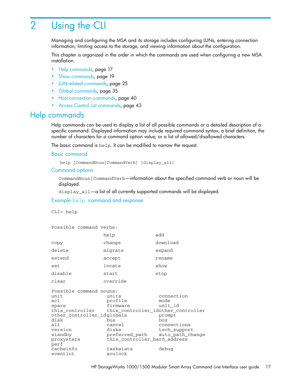 Using the cli, Help commands, 2 using the cli | Basic command, Command options, Example, Help, 2using the cli | HP StorageWorks 1000 Modular Smart Array User Manual | Page 17 / 52
