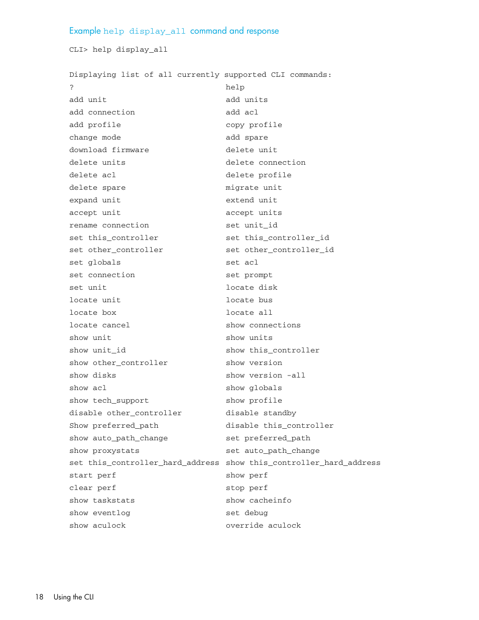 Example, Help display_all | HP StorageWorks 1000 Modular Smart Array User Manual | Page 18 / 52