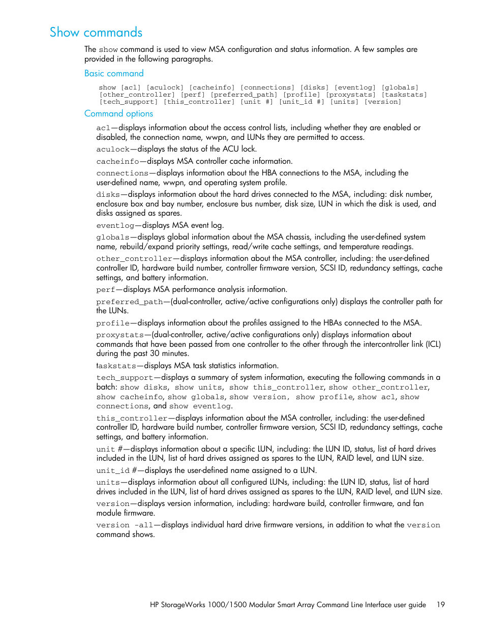 Show commands, Basic command, Command options | HP StorageWorks 1000 Modular Smart Array User Manual | Page 19 / 52
