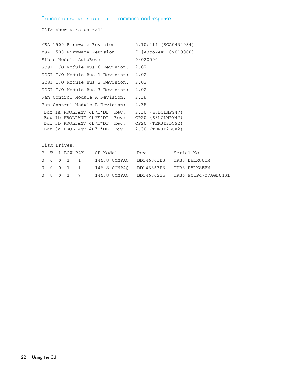 Example, Show version -all | HP StorageWorks 1000 Modular Smart Array User Manual | Page 22 / 52