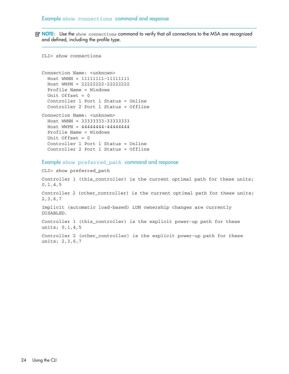 Example, Show connections, Show preferred_path | HP StorageWorks 1000 Modular Smart Array User Manual | Page 24 / 52