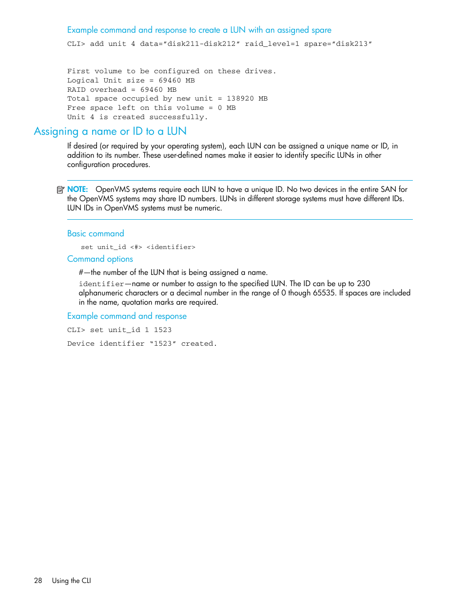 Assigning a name or id to a lun, Basic command, Command options | Example command and response, Assigning a, Name or id to a lun | HP StorageWorks 1000 Modular Smart Array User Manual | Page 28 / 52