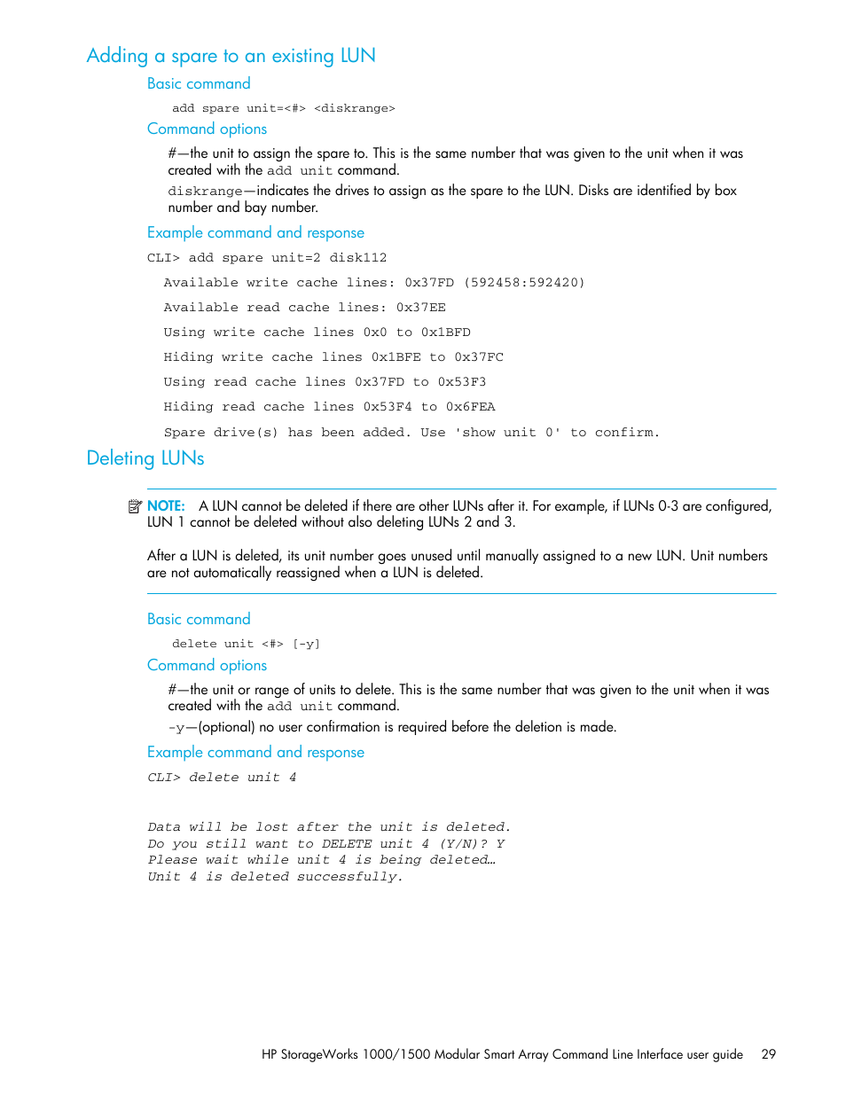 Adding a spare to an existing lun, Deleting luns, Basic command | Command options, Example command and response | HP StorageWorks 1000 Modular Smart Array User Manual | Page 29 / 52