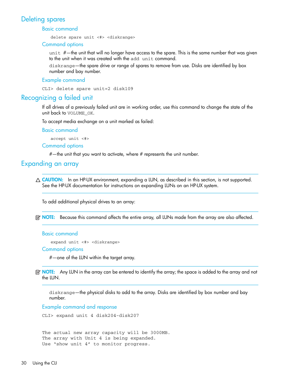 Deleting spares, Recognizing a failed unit, Expanding an array | Basic command, Command options, Example command, Example command and response | HP StorageWorks 1000 Modular Smart Array User Manual | Page 30 / 52