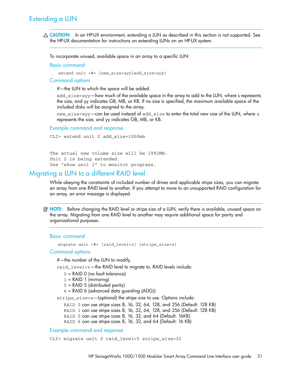 Extending a lun, Migrating a lun to a different raid level, Basic command | Command options, Example command and response | HP StorageWorks 1000 Modular Smart Array User Manual | Page 31 / 52