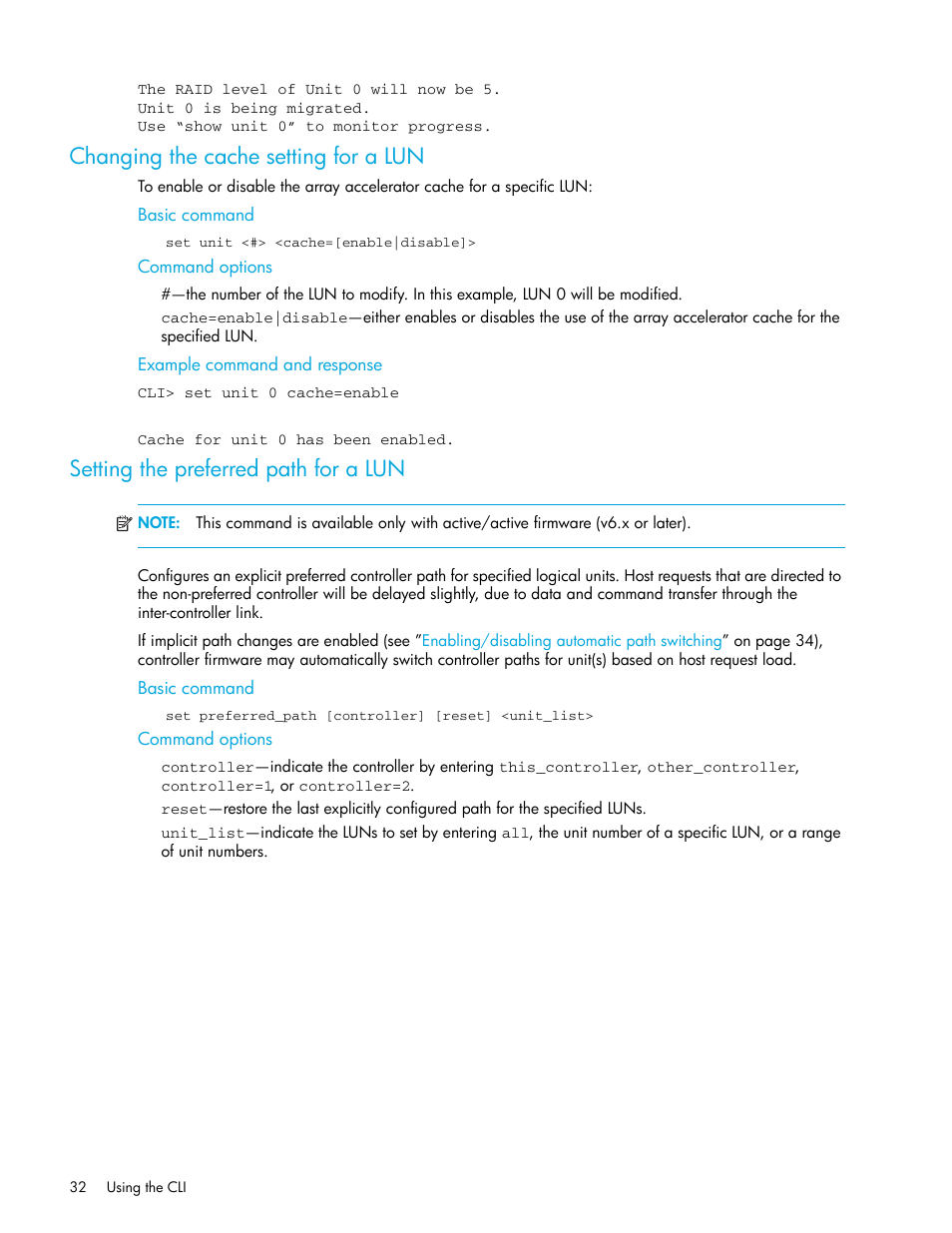 Changing the cache setting for a lun, Setting the preferred path for a lun, Basic command | Command options, Example command and response | HP StorageWorks 1000 Modular Smart Array User Manual | Page 32 / 52