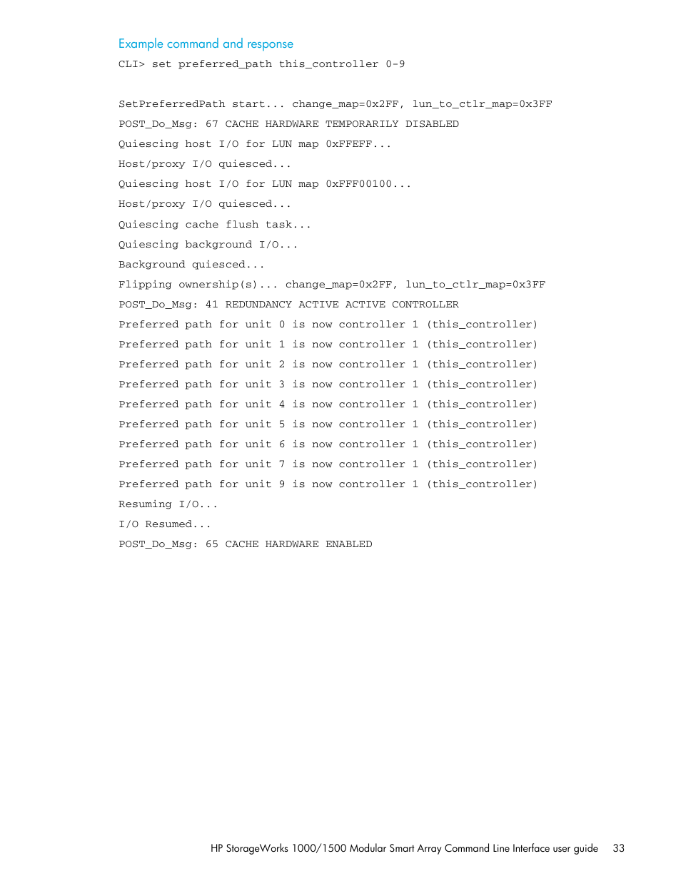 Example command and response | HP StorageWorks 1000 Modular Smart Array User Manual | Page 33 / 52
