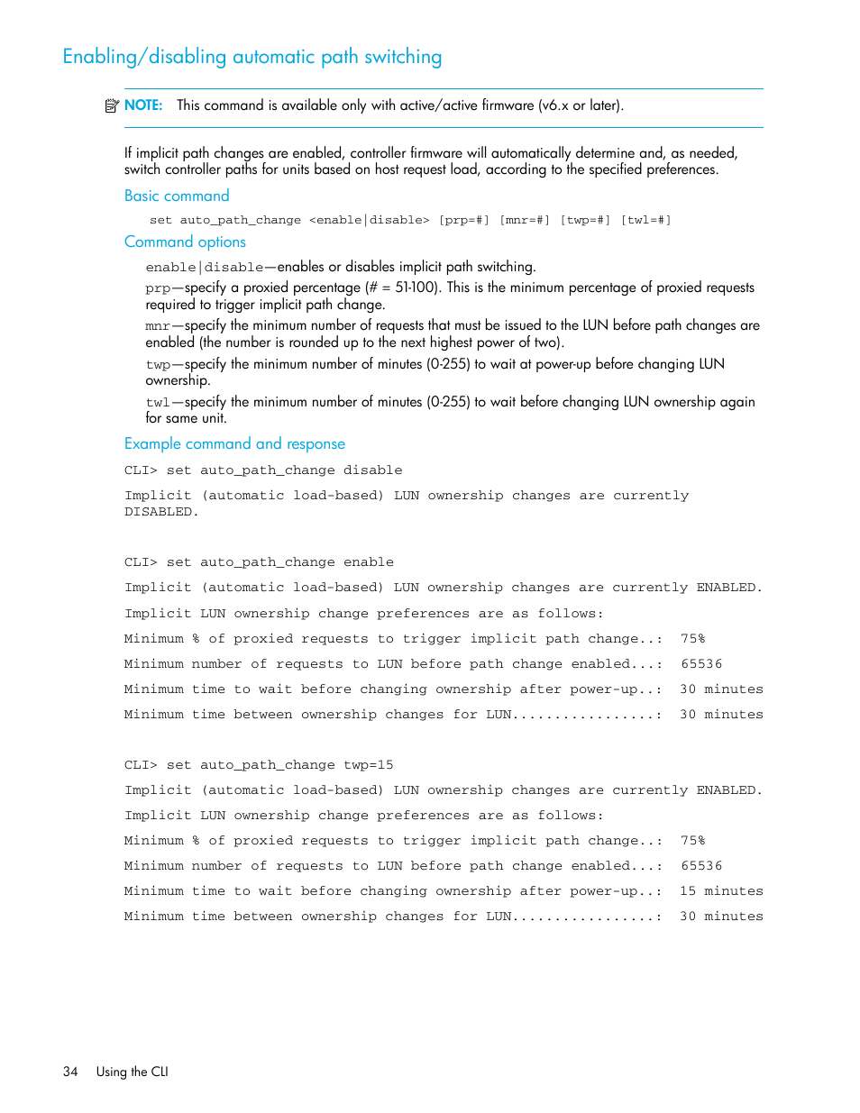 Enabling/disabling automatic path switching, Basic command, Command options | Example command and response | HP StorageWorks 1000 Modular Smart Array User Manual | Page 34 / 52