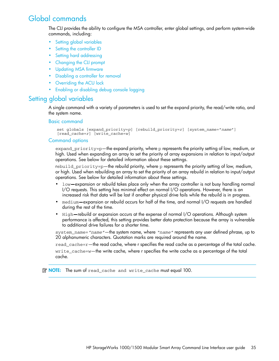 Global commands, Setting global variables, Basic command | Command options | HP StorageWorks 1000 Modular Smart Array User Manual | Page 35 / 52