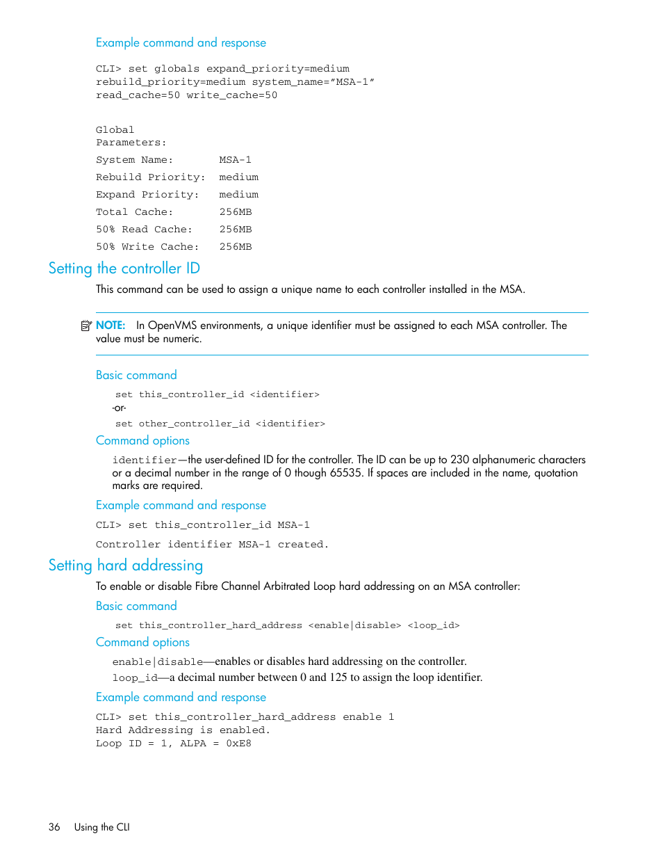 Setting the controller id, Setting hard addressing, Example command and response | Basic command, Command options | HP StorageWorks 1000 Modular Smart Array User Manual | Page 36 / 52