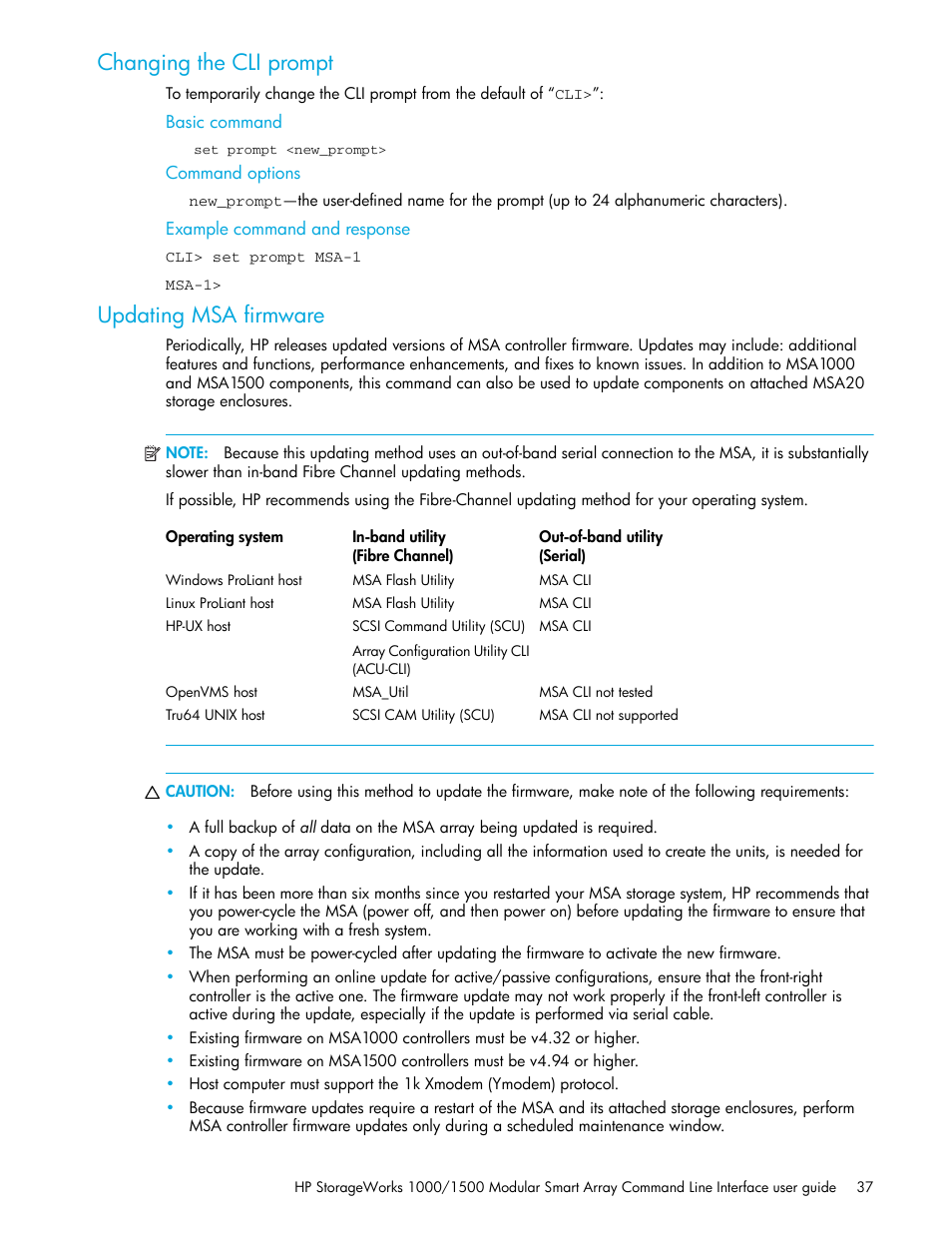 Changing the cli prompt, Updating msa firmware, Basic command | Command options, Example command and response | HP StorageWorks 1000 Modular Smart Array User Manual | Page 37 / 52